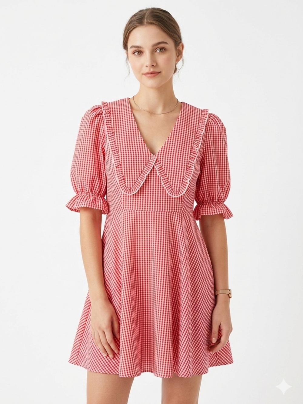 Red Gingham V-Neck Puff Sleeve Dress